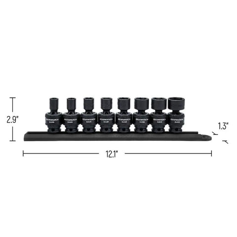 8 Pc Three Eighths Inch Drive 6 Point Universal Impact Socket Set SAE Built For Tough Jobs With CrMo Steel Construction Off Corner Loading Reduces Fastener Rounding Durable Auto Shop Gear For Pros displayed on holder with dimensions