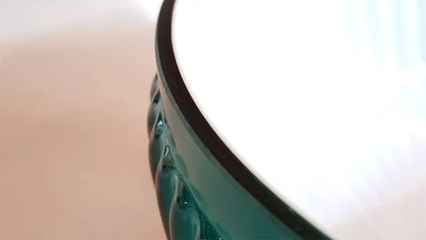Close-up of 10 Inch Ribbed Student Lamp Shade in Cased Green Over Opal Design showing polished edge detail