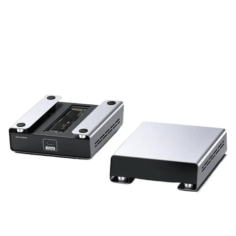 Sweet 80 Gigabit Speeds In A Rugged M.2 NVMe SSD Enclosure with black and silver design for external storage.