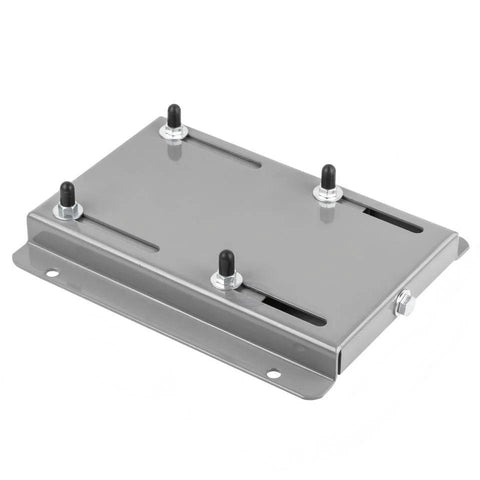 Angled view of gray steel 145T frame motor slide base with four black pins and elongated mounting slots.
