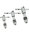 Three sizes of Ratchet T Handle Tap Wrench Set With Independent Tool Steel Jaws Compact For Tight Quarters Easy Grip Knob Pro Grade Build