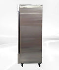 Heavy Duty Commercial Freezer Three Glass Doors Rugged Stainless Steel Exterior Rock Solid Workhorse Featuring Nine Shelves Nsf Certified 65 Cubic Feet Frozen Storage Unit front view on wheels.