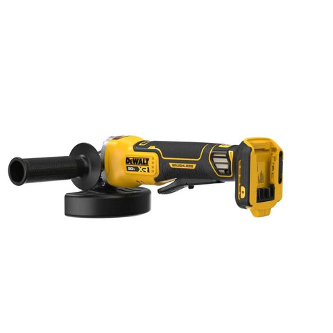 20 Volt Brushless Cordless 4 To 5 Inch Angle Grinder featuring anti rotation safety shutdown and high torque motor.