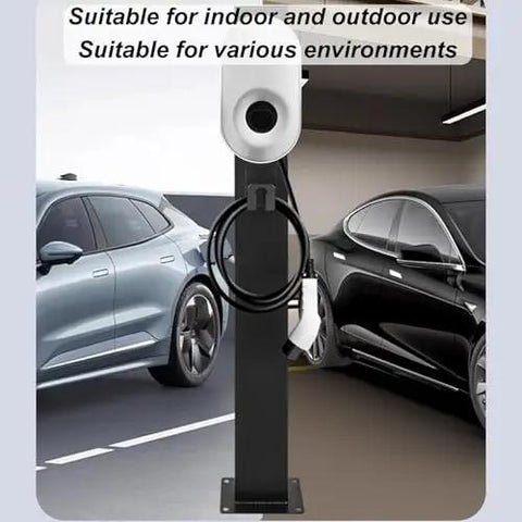 Heavy Duty Outdoor EV Charger Pedestal Built Tough For Your Ride Freestanding Charging Station with cable management, outdoors in a parking area.