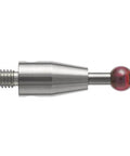 CMM touch probe stylus with threaded shank and red ball tip, metal, side view