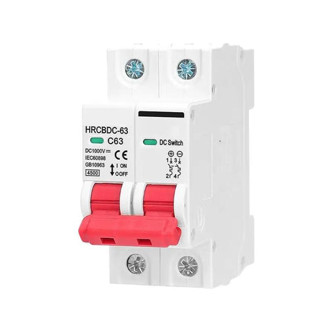 Built Like A Tank Heavy Duty Solar Circuit Breaker tailored for photovoltaic systems, DC 1000 V output switch, 63 amp capacity.