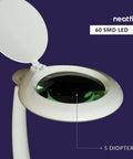 All In One LED Magnifying Lamp With Dust Cover, 5 Inch Glass Lens, 5 Diopter, 6500K Daylight close-up view showing lens and light
