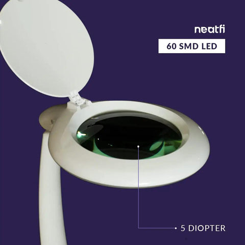 All In One LED Magnifying Lamp With Dust Cover, 5 Inch Glass Lens, 5 Diopter, 6500K Daylight close-up view showing lens and light