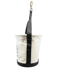 Side view of Heavy-Duty Tapered-Wall Bucket With No 4 Canvas, Web Handle Running Down The Sides, Riveted Leather Strap And Swivel Snap Included