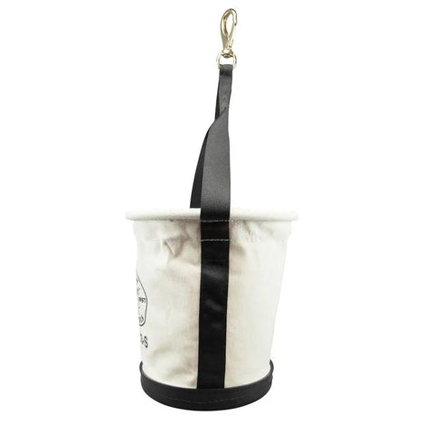 Side view of Heavy-Duty Tapered-Wall Bucket With No 4 Canvas, Web Handle Running Down The Sides, Riveted Leather Strap And Swivel Snap Included