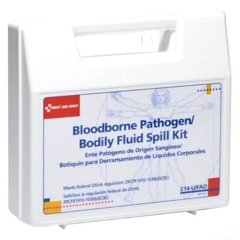 First Aid Only bloodborne pathogen spill kit in a white plastic case, 23-piece
