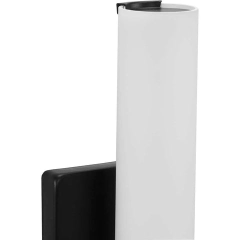 Blanco LED Collection Black One Light LED Wall Bracket For Modern Homes with sleek dope finish, black backplate and etched glass shade.