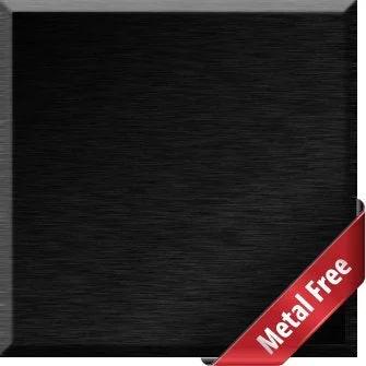 Front view of black aluminum anodizing pigment dye swatch with red Metal Free ribbon