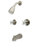 Magellan Tub And Shower Faucet With Porcelain Cross Handles Dope Brushed Nickel Solid Brass Construction Quarter Turn Washerless Cartridge
