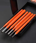Six Piece Pin Punch Set For Gunsmiths And Mechanics Pro Grade Tough Chrome Vanadium Steel Pins 1.5mm 3mm 4mm 5mm 6mm 8mm In A Durable Plastic Organizer Box With High Visibility Orange Finish