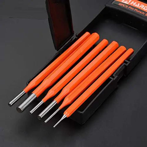 Six Piece Pin Punch Set For Gunsmiths And Mechanics Pro Grade Tough Chrome Vanadium Steel Pins 1.5mm 3mm 4mm 5mm 6mm 8mm In A Durable Plastic Organizer Box With High Visibility Orange Finish