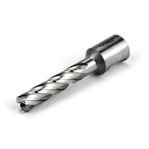 HSS annular cutter for magnetic drill press, 7/16 in cutting diameter, 3/4 in Weldon shank, side view