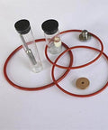 Pneumatic valve repair kit for water jet cutting machine, front view, with red tubing, clear vials, and metal fittings.