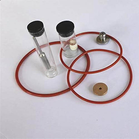 Pneumatic valve repair kit for water jet cutting machine, front view, with red tubing, clear vials, and metal fittings.
