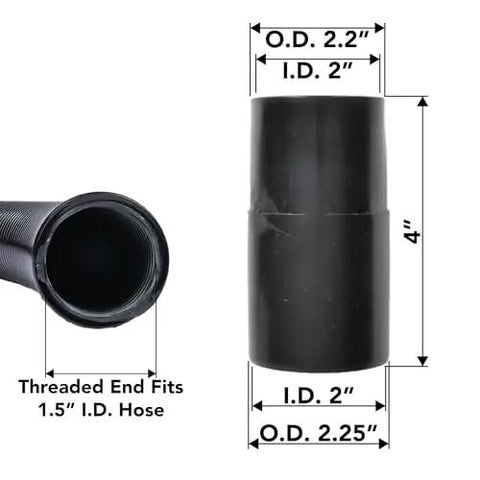 Vacuum Adapter 1.50 Inch Threaded To 2 Inch Female Hose Slip End Black For Converting 1.50 Inch Hoses To 2 Inch Vacuum Attachments