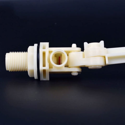 Adjustable Aquarium Float Valve Built Badass Tough For Low Pressure Water Control Featuring Massive Flow Capacity Durable Pom Construction Anti Backflow Protection No Fuss Setup For Chemical Tanks Three To Four Inches, showing component detail.