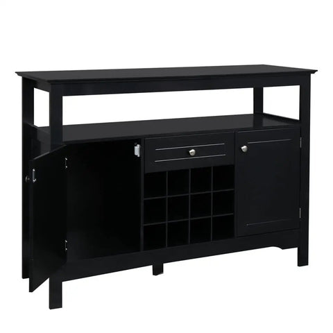 Modern Black Sideboard Cabinet Featuring Built In Wine Rack And Two Doors Plus One Drawer Slick Buffet Server To Organize Your Space Badass Wood Console Unit With Metal Knobs, angled view showcasing storage compartments.