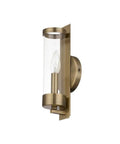 Castleton Antique Brass 1 Light ADA Wall Sconce With Clear Glass Cylinder, side view showing antique brass finish and bulb