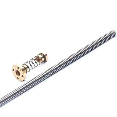 8mm Diameter Threaded Trapezoidal Lead Screw With Anti Backlash Nut For CNC Machines And 3D Printers 304 Stainless Steel 2mm Pitch 8mm Lead Lengths From 100 To 600mm, shown with nut