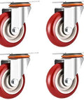 Heavy Duty Polyurethane Caster Wheels With Brakes Smooth As Butter Furniture Rollers Rock Solid Mounting Plates No Sweat Rolling On Hardwood Carpet Or Tile Floor Four Piece Set in red.