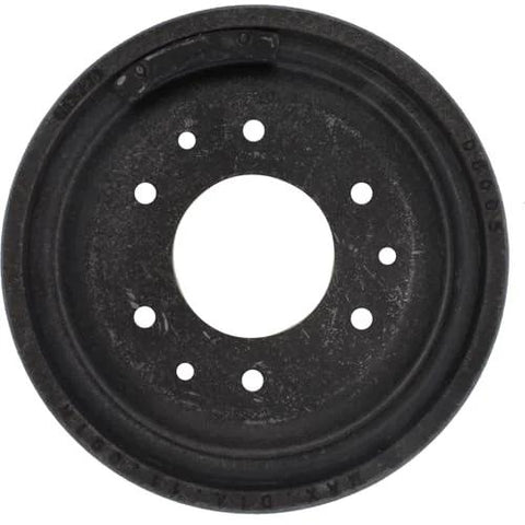 Front view of black steel brake drum with eight lug holes.
