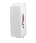 Six Pack White Outdoor Fire Extinguisher Cabinet With Clear Pull Cover For Ten Pound Fire Safety Gear Heavy Duty Weatherproof Wall Mount Storage Lock Box, side view with FIRE label.