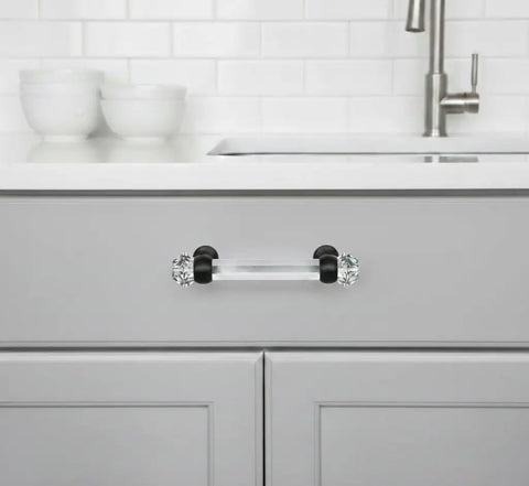 Kitchen cabinet with 10 Pack Flat Black Clear Glass Cabinet Handle Pulls With 3 Inch Hole Centers, 4 5/8 Inch Overall Length, 1 1/8 Inch Wide