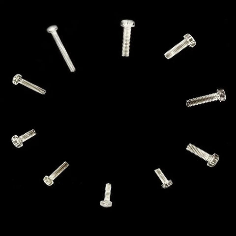 DIY Ready Transparent Polycarbonate Phillips Pan Head Screw Kit, 500 Pcs, M2 To M2.6, screws displayed on black background