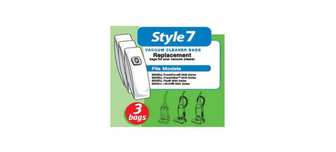 Genuine Style 7 Vacuum Cleaner Bags 3 Pack Replacement For Model 32120, packaging showing three white bags, fits various models.