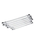 Six-Piece 90-Tooth 12-Point Metric Pro-Grade GearBox Double Flex Ratcheting Wrench Set arranged on white background.