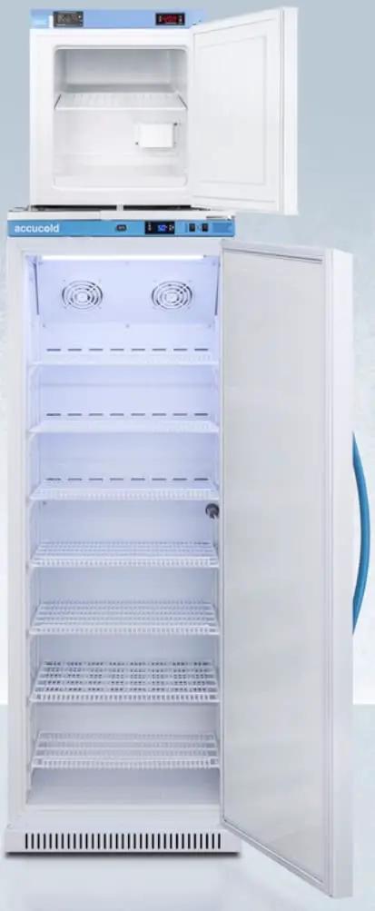 Top Shelf 24 Inch Stacked All Refrigerator And All Freezer Combo Compact Footprint Fits Tight Spaces Digital Temp Control Medical Grade Storage with empty shelves.