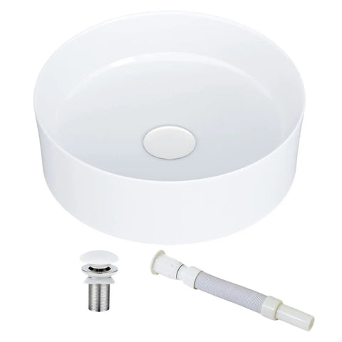 14 Inch Round Vessel Sink For Bathroom White Ceramic Porcelain Vanity Basin Above Counter Modern Round Countertop Sink 14x14 Durable Scratch Resistant Easy Care For Cabinet Vanity with drain assembly