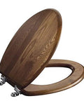 Solid Oak Elongated Toilet Seat with Cover and Polished Chrome Hinges for Vintage Bathrooms Classic Mahogany Finish