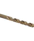 Drill America cobalt twist drill bit with gold oxide finish, side view
