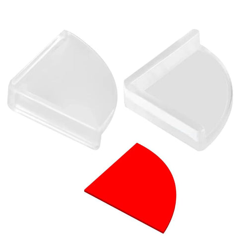 36 Pack Slim Clear Edge Bumpers For Baby Safety Corner Protectors Edge Guards For Furniture Tables Windows Beds And More Transparent Cushions To Keep Your Home Kid Proof. Two transparent, slim corner protectors on white background with red corner guide.