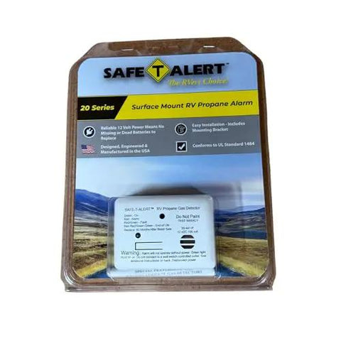 Propane Gas Alarm For RVs And Travel Trailers Surface Mount White 20 Series in packaging, shown from front.