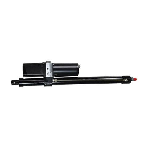 Pro Grade DC Hydraulic Linear Actuator With Smooth Stroke For Heavy Equipment And Garage Tools Solid Steel Pushrod Built Damn Tough For The Hustle Quick Install And Zero Lag side view of actuator with black finish and steel pushrod.