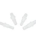 Four white plastic 1/4-inch hose barb bulkhead adapters with metal washers