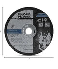 Black Hawk 3-inch cut-off wheel for metal and stainless steel, front view, 1/32 in thick, 3/8 in arbor, 25-pack