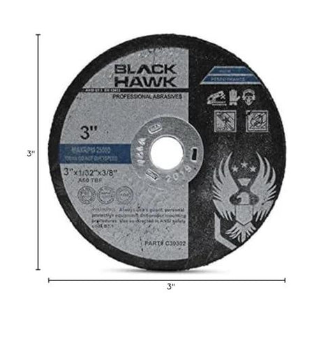 Black Hawk 3-inch cut-off wheel for metal and stainless steel, front view, 1/32 in thick, 3/8 in arbor, 25-pack