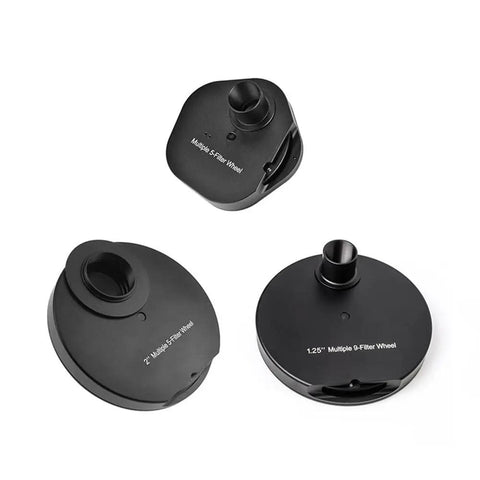 Full Metal Eyepiece Filter Wheel for 1.25 and 2 Inch Telescopes with Quick Change Locking Ring, 5-Position, shown in black.