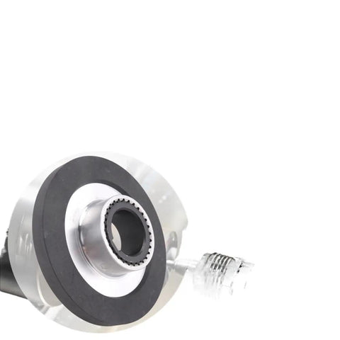Close-up of a 150mm friction brake disc assembly with metal hub, bearing, and threaded shaft