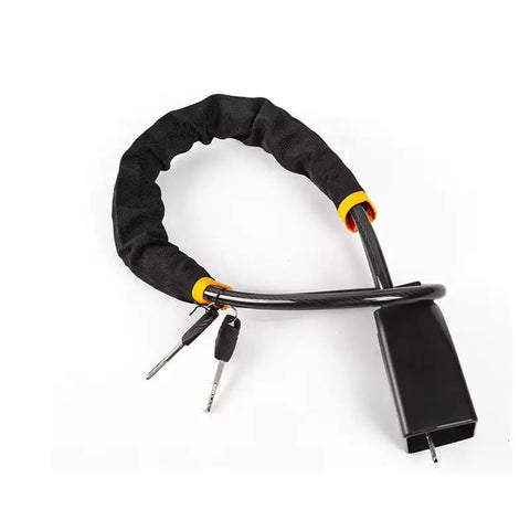 Heavy Duty Cable Steering Wheel Lock For Chevy Volt Bolt EUV Blazer EV wrapped in padded cloth with keys attached.