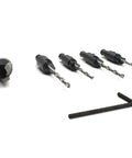 Rugged Five Piece Countersink Bit Set With Depth Adjustable Heads And Quick Swap Hex Shank For Swift Chip Clearing Carpentry Tools Plus Knockout Plug Cutter Kit showing bits and wrench on white background.