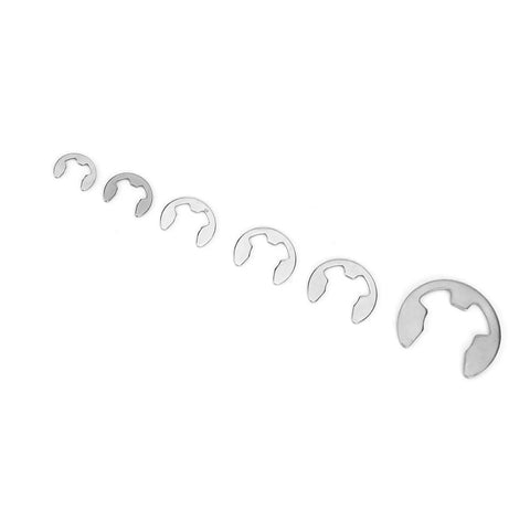 Assorted sizes of E-type retaining rings from 300 Piece Stainless Steel E Type Retaining Ring Circlip Assortment Kit M1.2 To M15.